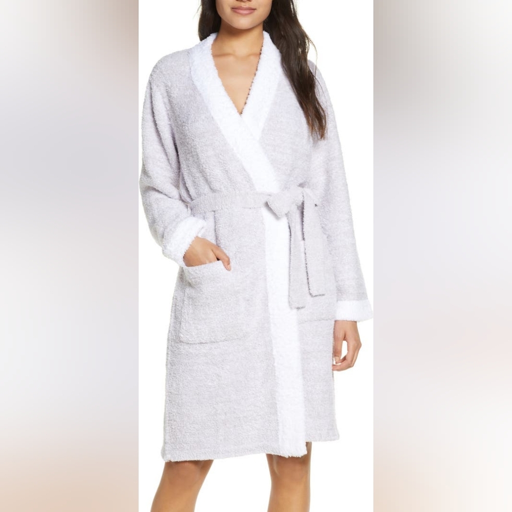 NWT L/XL Barefoot Dreams CozyChic Short Robe Light Gray White Contrast Trim Belt